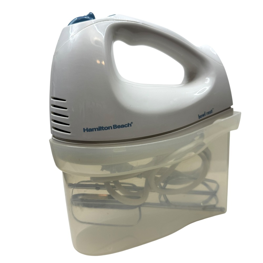 Hamilton Beach Hand Mixer 62682R White Blue 6-Speed w/ Bowl Rest & Storage Case